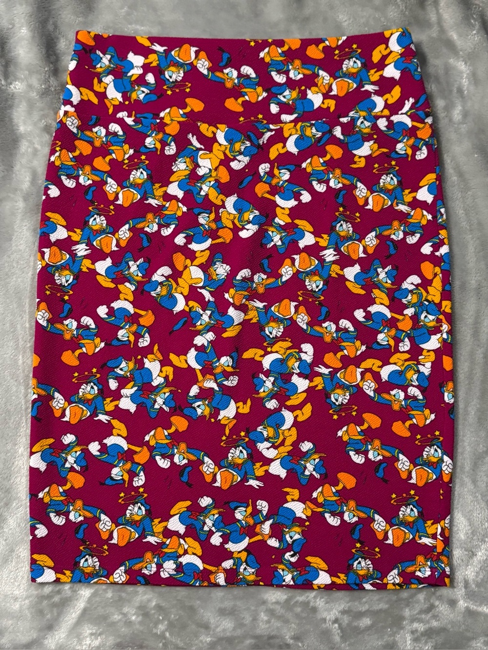 LuLaRoe Magenta Pencil Skirt angry Donald Duck. Blue, Orange & White print